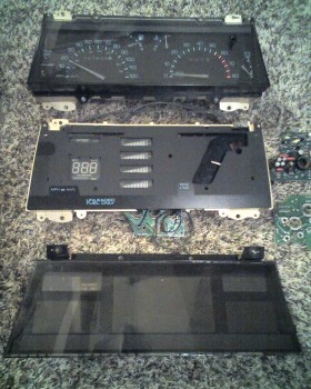 Top to Bottom:<br />-Original Gauge Cluster from the Turbo 'T-Type' 'Retta.<br />-Modified Z-24 Digital Instruments (Analog Tach).<br />-OE Digital Beretta Instruments.